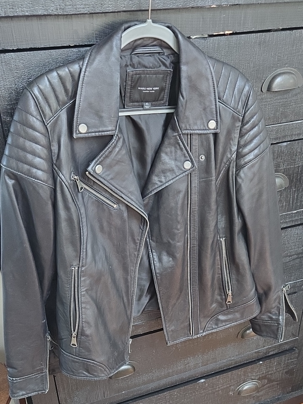 Marc New York Black Quilted-Shoulder Leather Biker Jacket